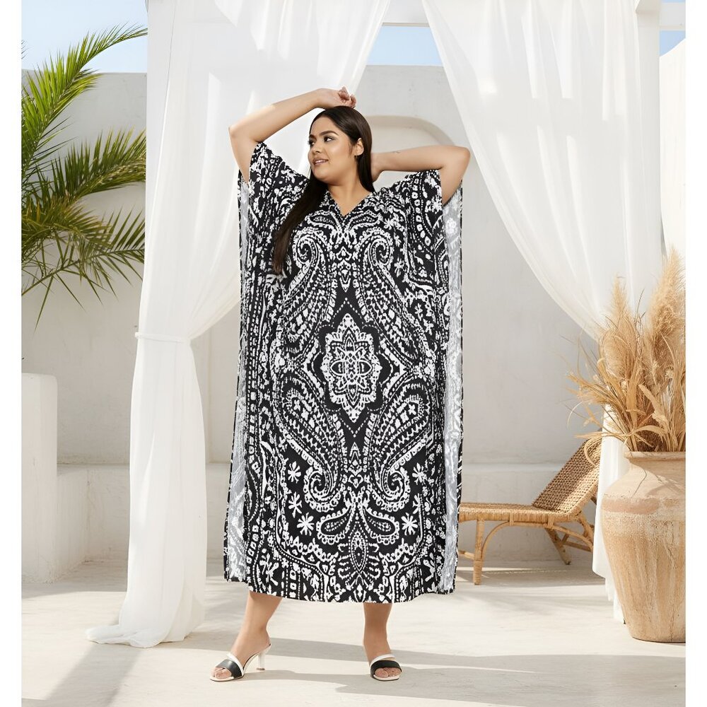 Women Plus Size Beach Cover Up Paisley Printed Black Kaftan Dress by Gypsie Blu
